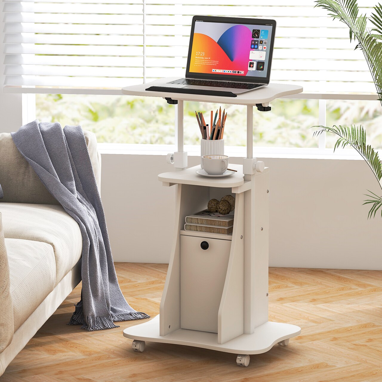 Adjustable Rolling Sit-Stand Desk with Tilt Top and Storage Cabinet for Home or Office Use